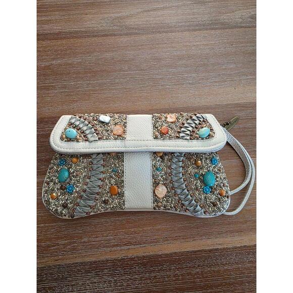 Mary Frances Clutch Womens Medium Ivory Turquoise Stones Boho Southwestern Chic - Picture 1 of 10
